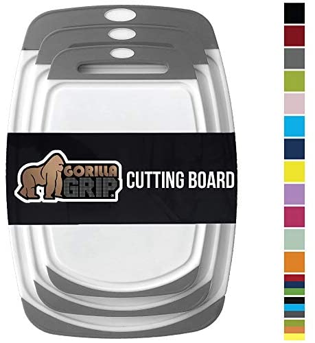GORILLA GRIP Original Oversized Cutting Board, 3 Piece, BPA Free, Dishwasher Safe, Juice Grooves, Larger Thicker Boards, Easy Grip Handle, Non Porous, Extra Large, Kitchen, Set of 3, Gray