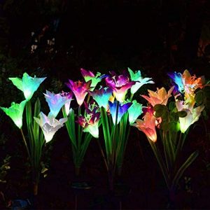 Outdoor Solar Garden Stake Lights, 3 Pack Solar Powered Flower Lights with 12 Lily Flower, Multi-Color Changing LED Solar Landscape Decorative Lights for Garden, Patio, Backyard Solar Flower Lights