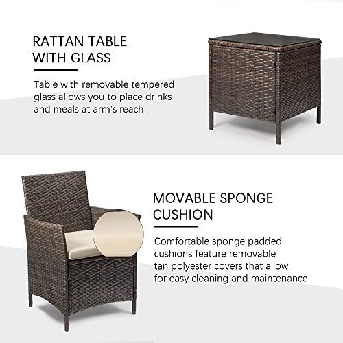 Devoko Patio Porch Furniture Sets 3 Pieces PE Rattan Wicker Chairs with Table Outdoor Garden Furniture Sets (Brown/Beige) - Image 3