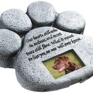 ETC Paw Print Pet Outdoor Memorial Stone, with 2″x3″ Picture Frame and Tribute Poem for Garden, Backyard, Lawn, Grave or Tombstone, Grey