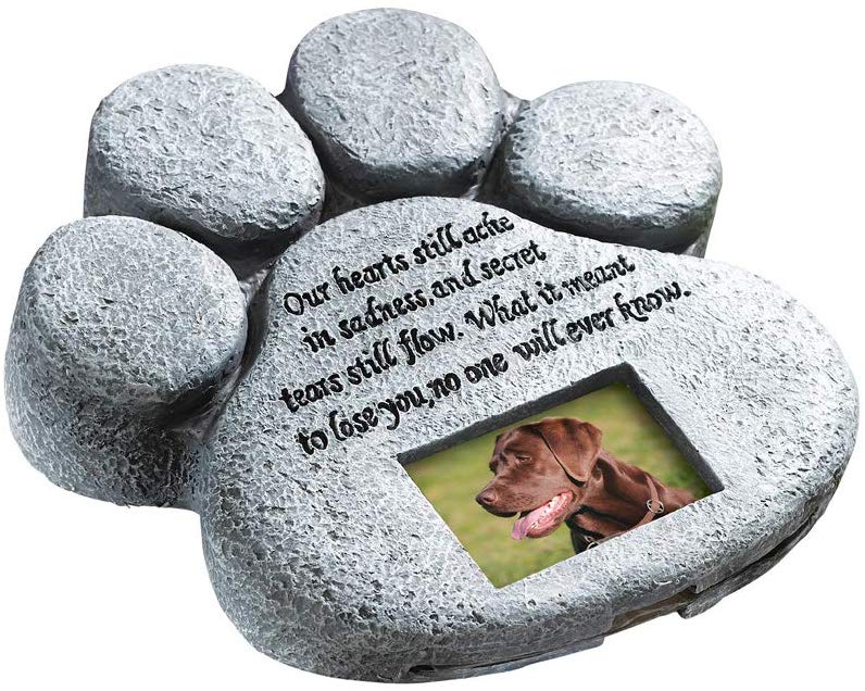 ETC Paw Print Pet Outdoor Memorial Stone, with 2″x3″ Picture Frame and Tribute Poem for Garden, Backyard, Lawn, Grave or Tombstone, Grey